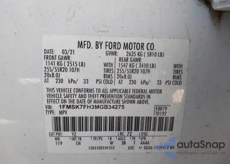 2021 Ford Explorer Limited из США, поврежденный, VIN 1FMSK7FH3MGB34275